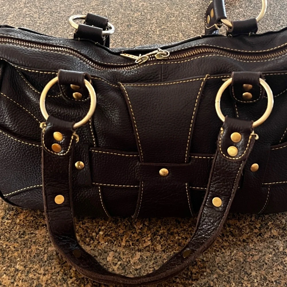 MAXX NY Leather Shoulder Bag. Deep Expresso Brown, Gold Accents, Dust Bag - Picture 5 of 16